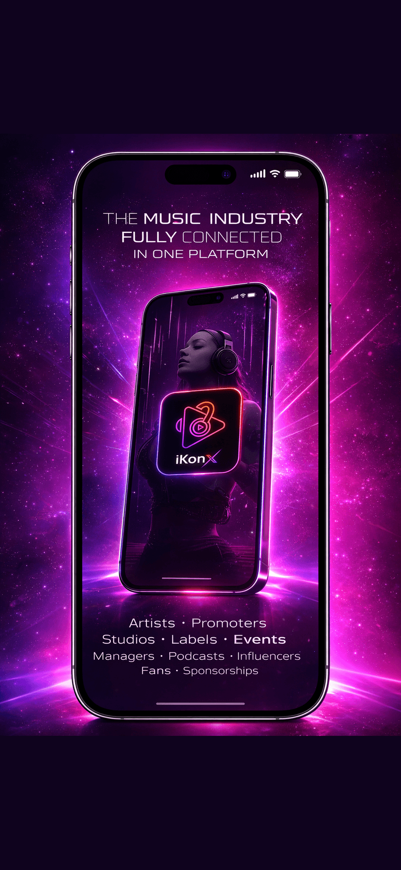 iKonX app displayed on an iPhone showing the artist discovery screen